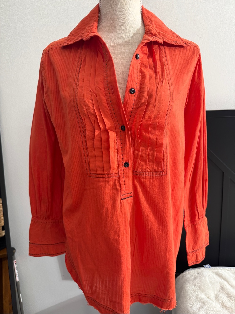 We The Free Free People Orange/Burnt Orange Striped Tuxedo Pleated Bib Blouse XS